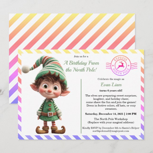 Invitation North Pole Birthday Magic | Enchanted Elf (Devant / Derrière)