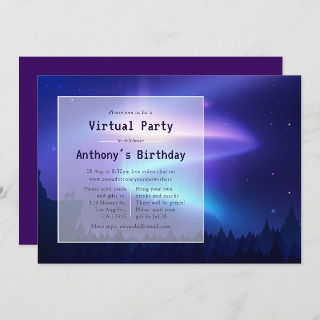 Invitation Northern Lights fête d'anniversaire virtuelle (Devant / Derrière)