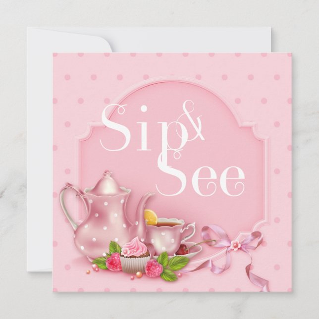 Invitation Nostalgale Thé rose Sip et voir Baby shower (Devant)