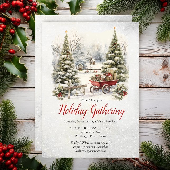 Invitation Nostalgic Vintage Holiday Tree Christmas Gathering (Nostalgic Vintage Holiday Tree Christmas Gathering Party Invitation - Print | Digital Download)