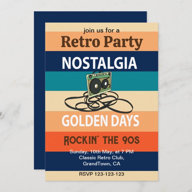 Invitation Nostalgie Golden Days Cassette Tape Retro Party (Devant / Derrière)