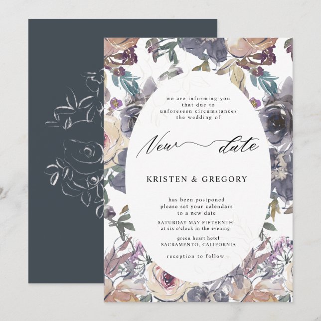 Invitation nostalgique indigo blush floral reporté Mariage (Devant / Derrière)