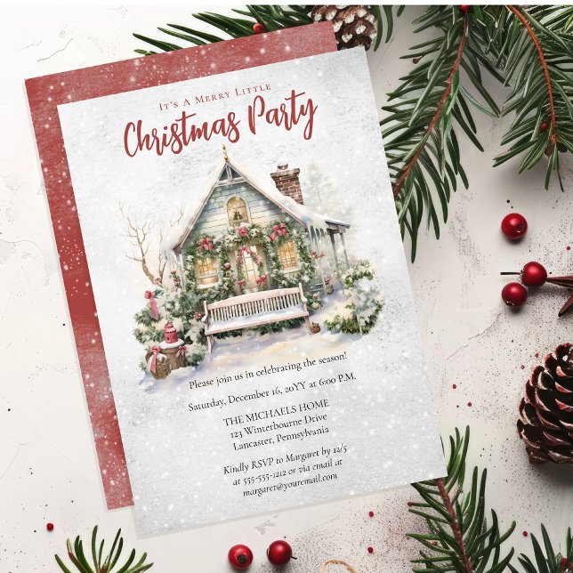 Invitation Nostalgique Vintage Gîte Noël ("It's A Merry Little Christmas Party" Vintage Snowy Holiday Cottage With Bows | Greenery Invitation)