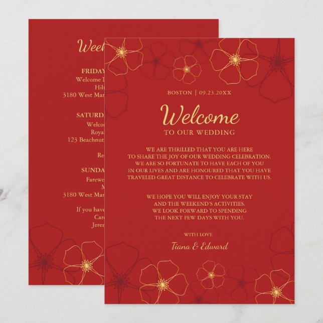 Invitation Note de bienvenue pour mariage aux fleurs de ceris (Devant / Derrière)