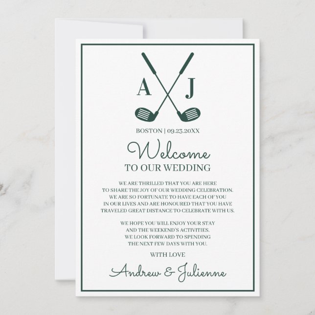 Invitation Note de bienvenue pour un mariage de golf blanc et (Devant)