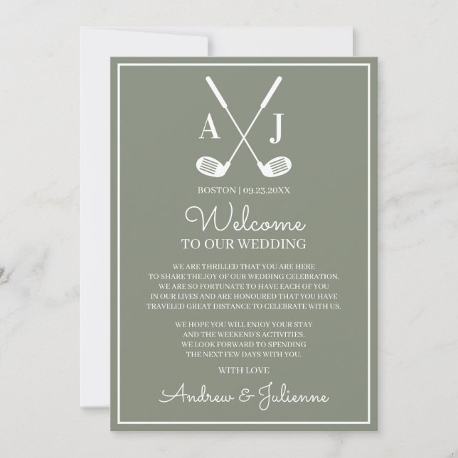 Invitation Note de bienvenue pour un mariage de golf vert sau (Devant)