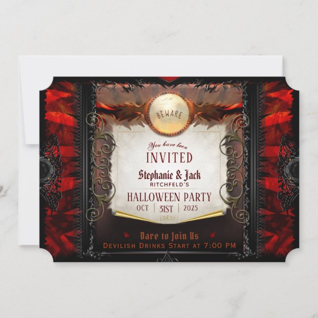 Invitation Note de fête d'Halloween rouge et noir (Devant)
