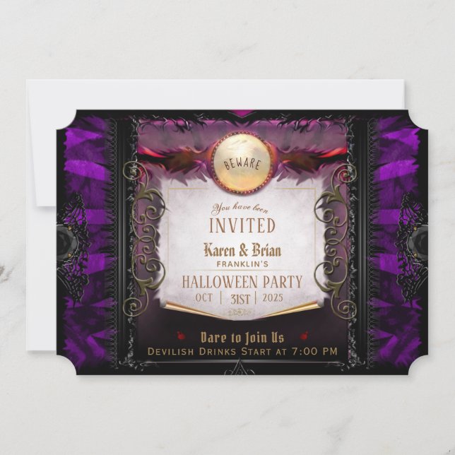 Invitation Note de fête d'Halloween violet et noir (Devant)