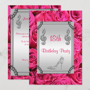 Invitation Note de musique en diamant, escarpin et roses rose