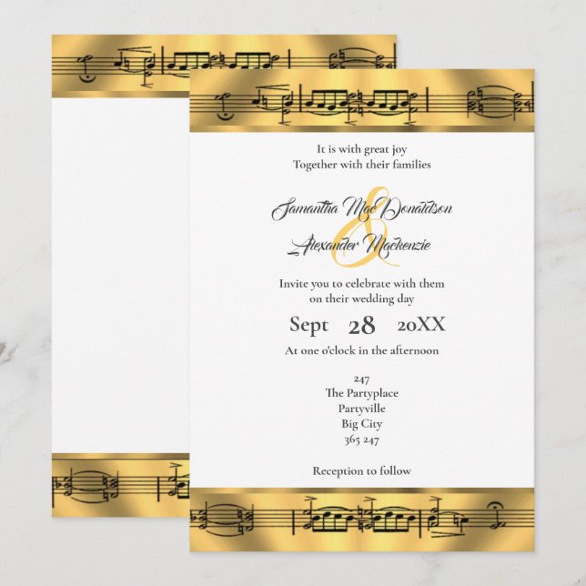 Invitation Note de musique en or mariage (Devant / Derrière)