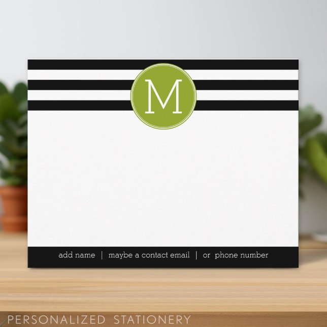 Invitation Note de remerciement à monogramme rayé noir et bla (Personalized Stationery)