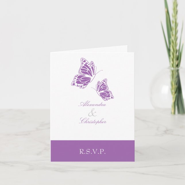 Invitation Note violette simple du papillon RSVP (Devant)