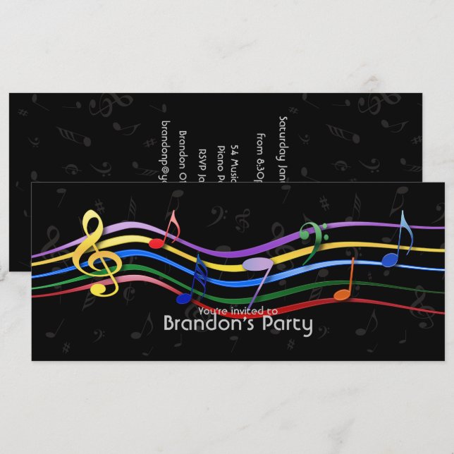 Invitation Notes de musique couleur arc-en-ciel (Devant / Derrière)