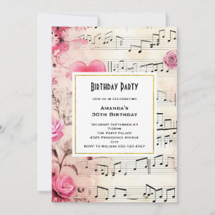 Invitation Notes de musique et roses design vintage pour anni