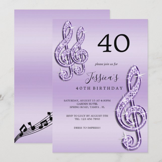 Invitation Notes de musique Lilac Glitzy Anniversaire (Devant / Derrière)