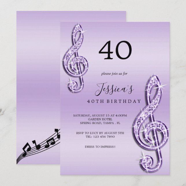 Invitation Notes de musique Lilac Glitzy Anniversaire (Devant / Derrière)