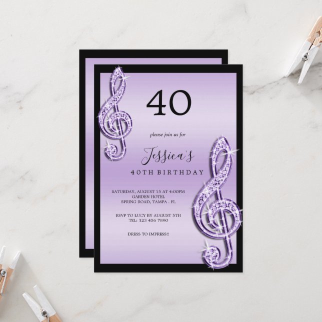 Invitation Notes de musique Lilac Glitzy Anniversaire (Devant/Arrière en situation)