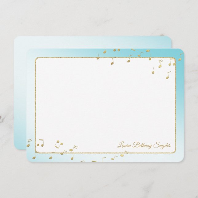 Invitation Notes de musique Merci plat bleu et or (Devant / Derrière)