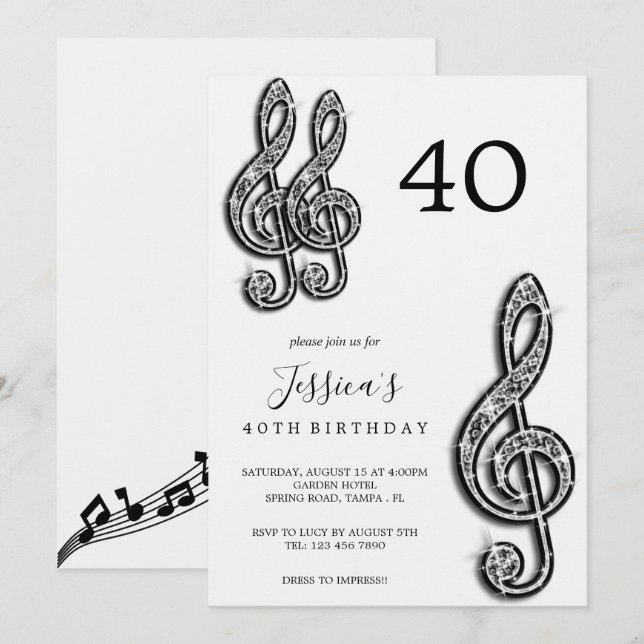 Invitation Notes de musique noire glitzy Anniversaire (Devant / Derrière)