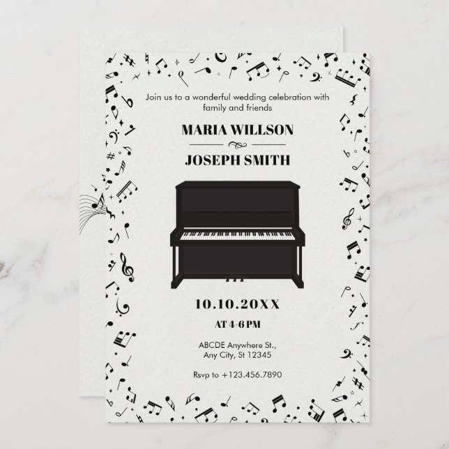 Invitation notes de musique pour piano mélodie mariage (Devant / Derrière)