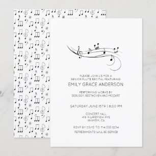 Invitation Notes de musique pour récital de flûte noir et bla