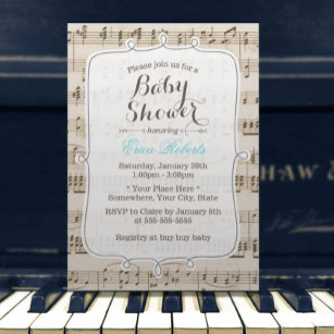 Invitation Notes de musique vintage Baby shower élégant