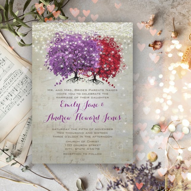 Invitation Notes de Musique Violet Rouge Coeur Feuille Arbre  (Créateur téléchargé)