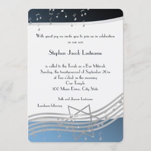 Invitation Notes musicales Bar Mitzvah Silver et Blue