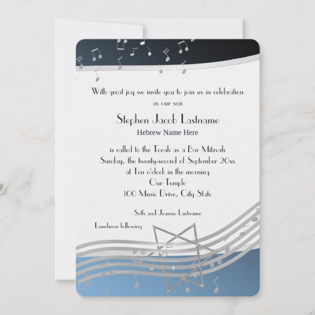 Invitation Notes musicales Bar Mitzvah Silver et Blue (Devant)