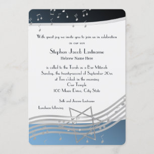 Invitation Notes musicales Bar Mitzvah Silver et Blue