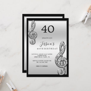 Invitation Notes musicales d'argent glitzy Anniversaire