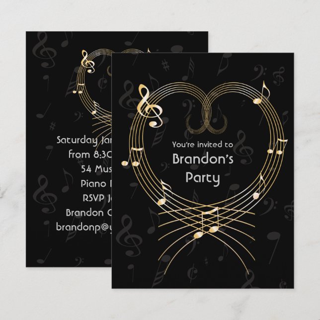 Invitation Notes musicales du coeur d'or personnalisées Anniv (Devant / Derrière)