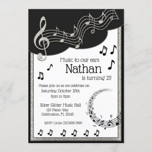 Invitation Notes musicales en noir et blanc brillant Annivers