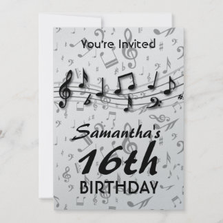 Invitation Notes musicales en noir et gris pour la fête d'ann