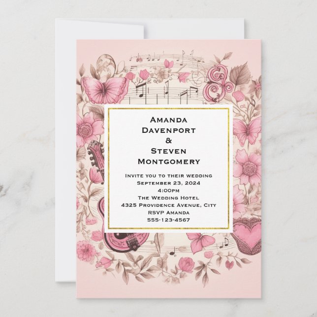 Invitation Notes musicales et Fleurs Vintage Style Mariage (Devant)