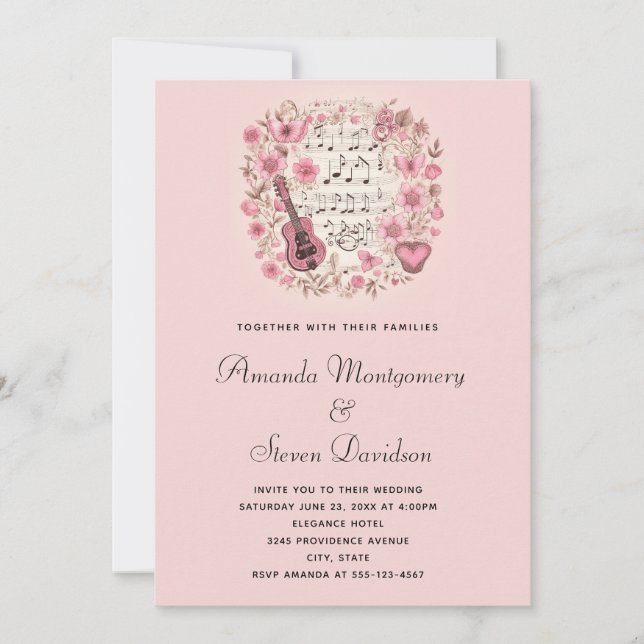 Invitation Notes musicales et Fleurs Vintage Style Mariage (Devant)