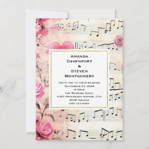 Invitation Notes musicales et Rose Vintage Mariage de design