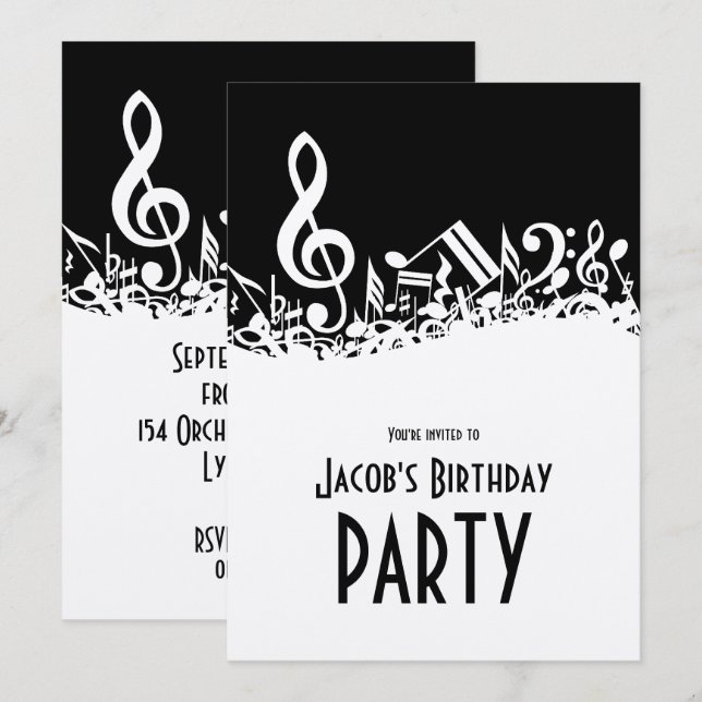 Invitation Notes musicales personnalisées blanches mélangées  (Devant / Derrière)