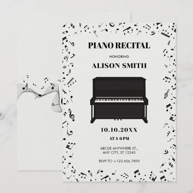 Invitation notes musicales pour piano (Devant / Derrière)