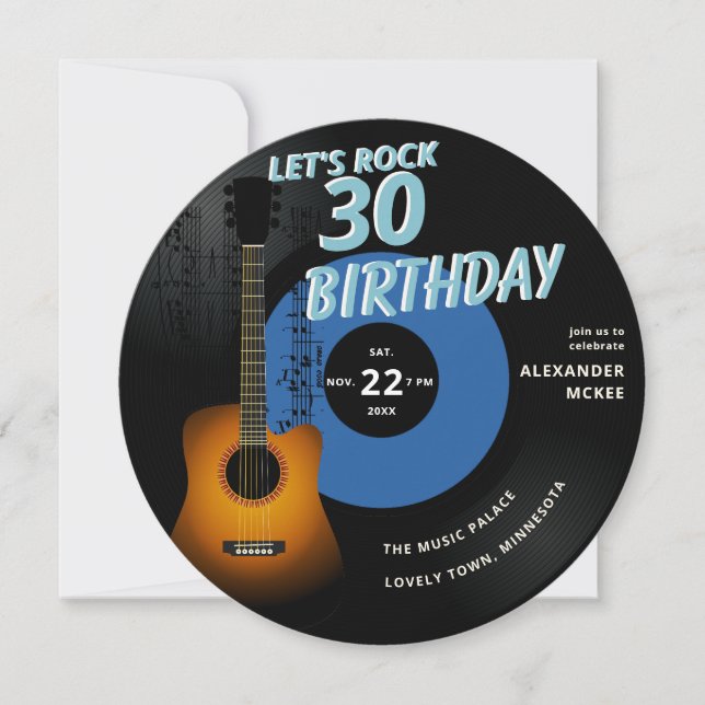 Invitation Notes musicales Rock Guitar Blue 30th Birthday (Devant)