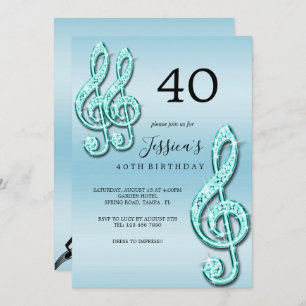 Invitation Notes musicales Turquoises Glitzy Anniversaire