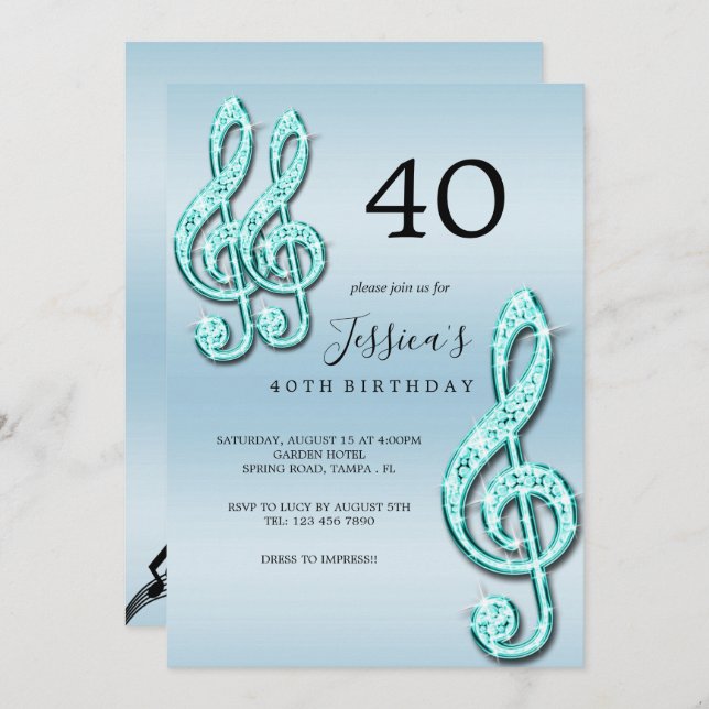 Invitation Notes musicales Turquoises Glitzy Anniversaire (Devant / Derrière)