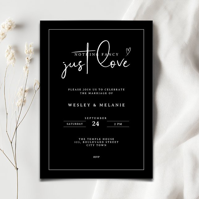 Invitation Nothing Fancy Just Love Black Minimalist Wedding (Nothing fancy just love minimalist wedding invitation in black and white color)