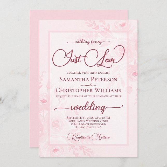 Invitation Nothing Fancy Just Love Pink Peonies Boho Wedding (Devant / Derrière)