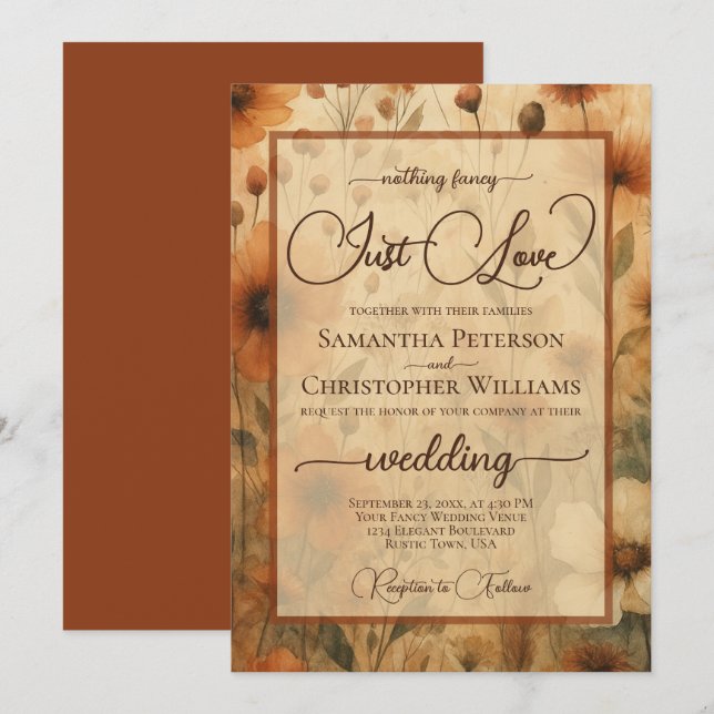 Invitation Nothing Fancy Just Love Sienna Boho Floral Wedding (Devant / Derrière)
