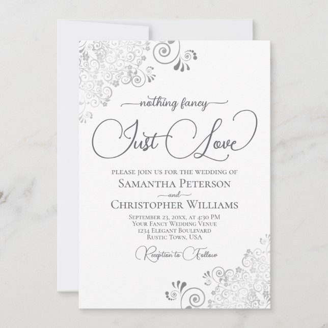 Invitation Nothing Fancy Just Love Silver & White Wedding (Devant)