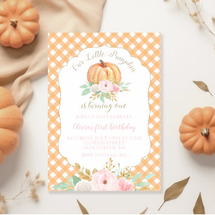 Invitation Notre anniversaire petit Citrouille à plaid orange