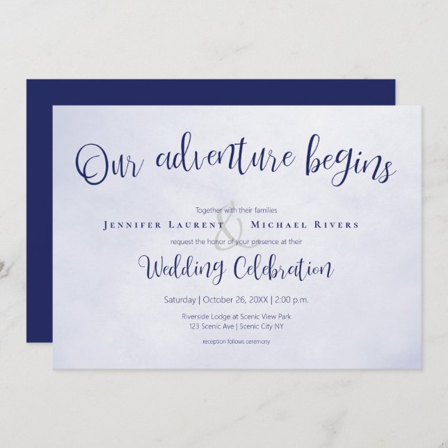 Invitation Notre aventure commence mariage typographique bleu (Devant / Derrière)