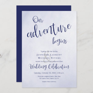 Invitation Notre aventure commence mariage typographique bleu