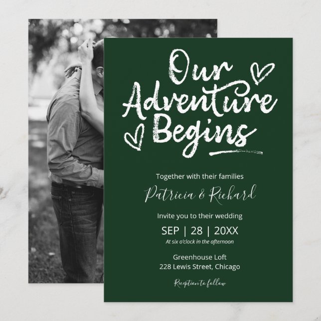 Invitation Notre aventure commence Rustique Mariage Vert (Devant / Derrière)